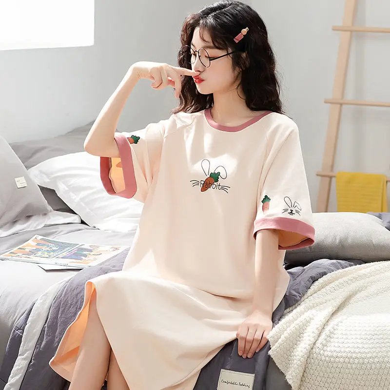 Women's Nightdress Summer Short-sleeved Cotton Cute Plus Size Loose Pajamas Soft and Comfortable Ladies Home Service Sleepwear