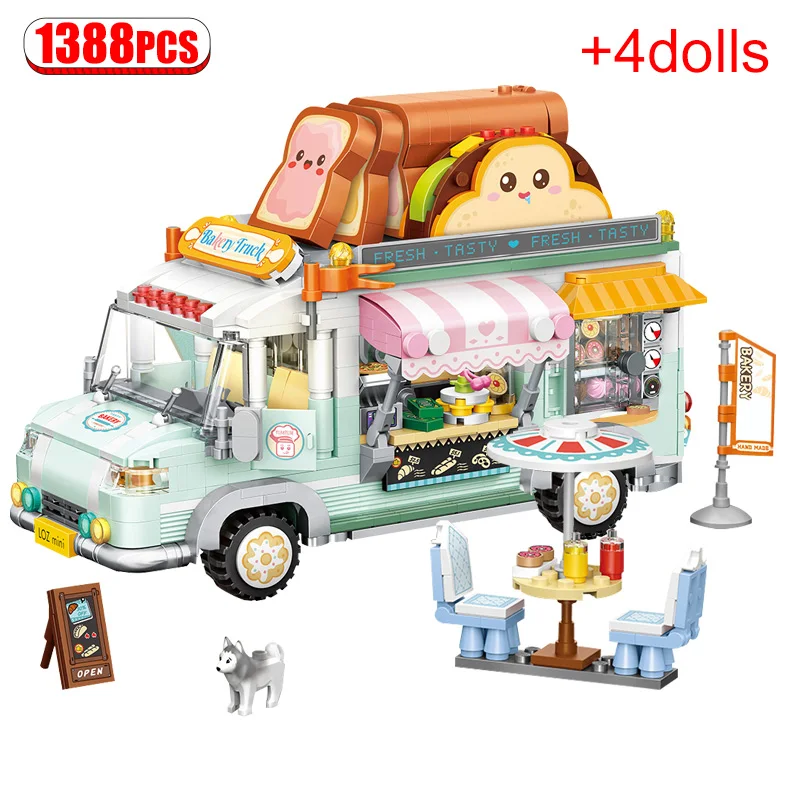 

1388pcs City Street View Mini Bread Toast Car Building Blocks Friends Food Beverage Dining Cart Bricks Toys For Children Gifts