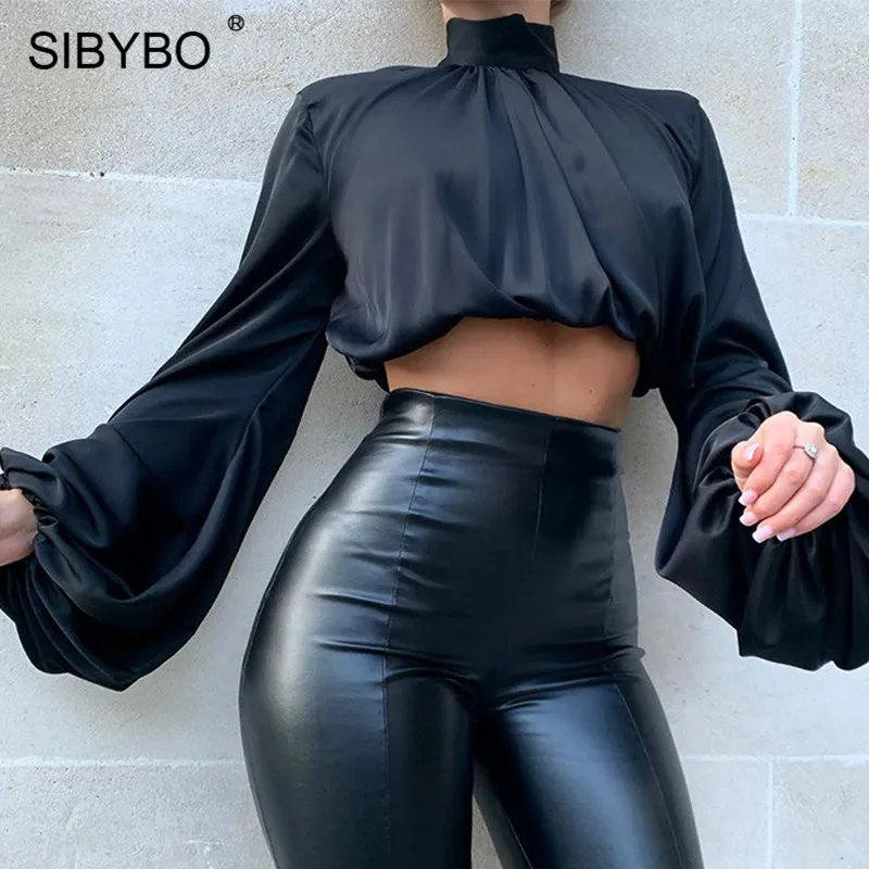 Женская атласная водолазка SIBYBO Весенняя облегающая футболка с рукавом фонариком