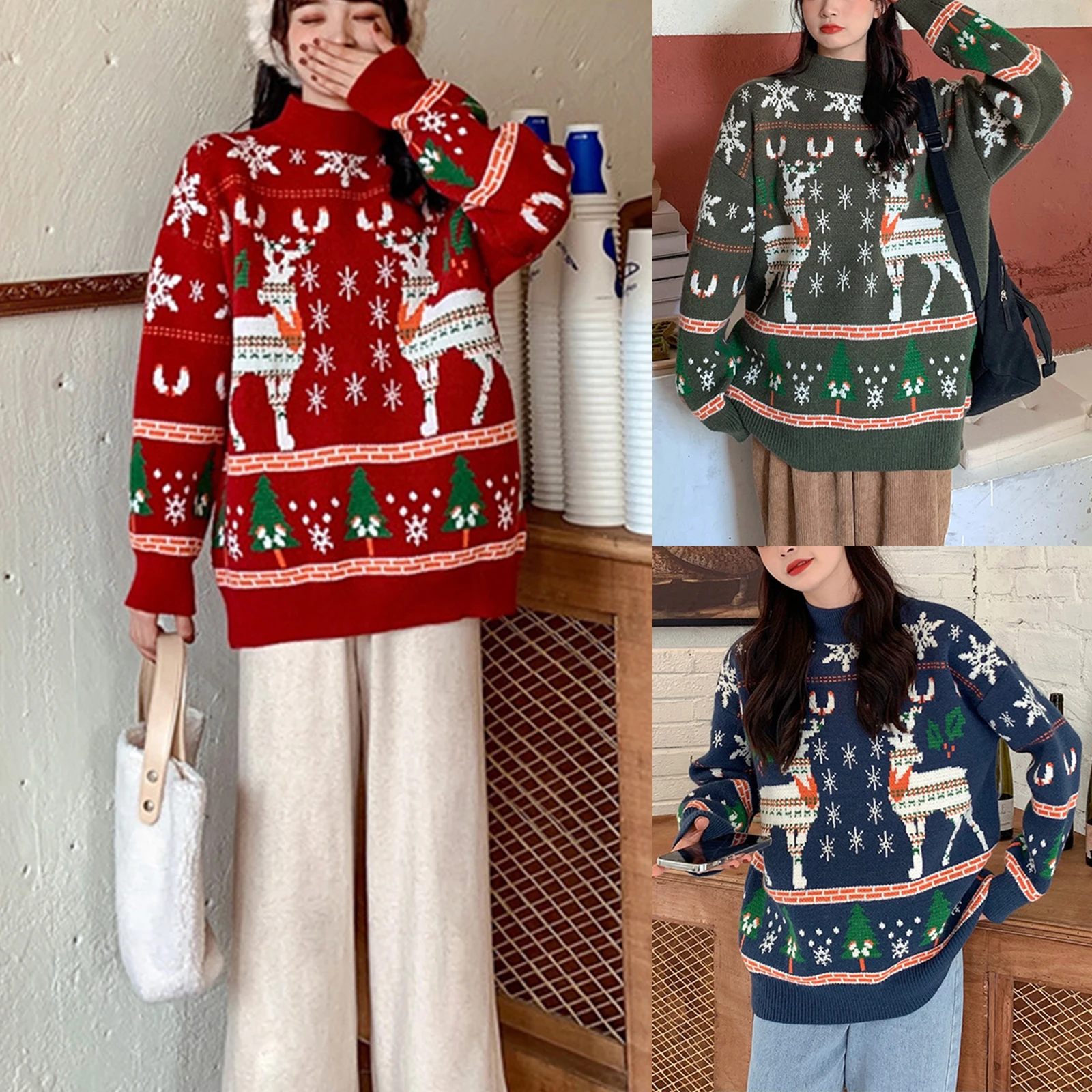 

Women's Christmas Mock Neck Sweaters Long Sleeve Reindeer Snowflake Loose Knit Tops
