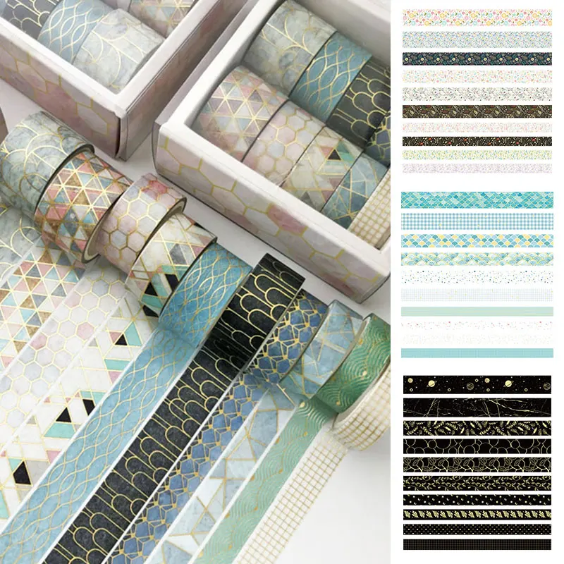 10 Pcs/Set Color Geometric Lattice Gold Washi Tape Set Scrapbooking Decorative Adhesive Tapes Paper Japanese Stationery Sticker