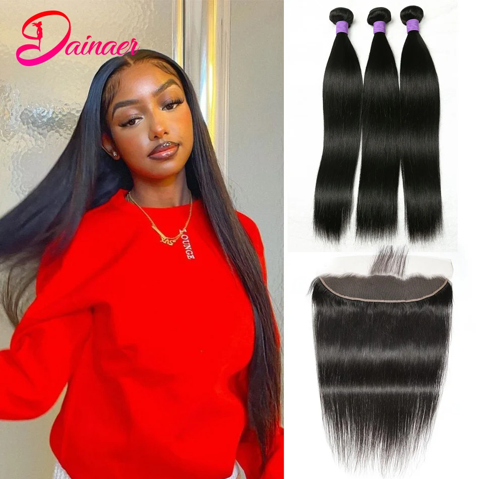 Straight Frontal With Bundles 8a Human Hair Bundles With Frontal 3 Bundles With Closure  Bone Straight Hair Bundles With Frontal