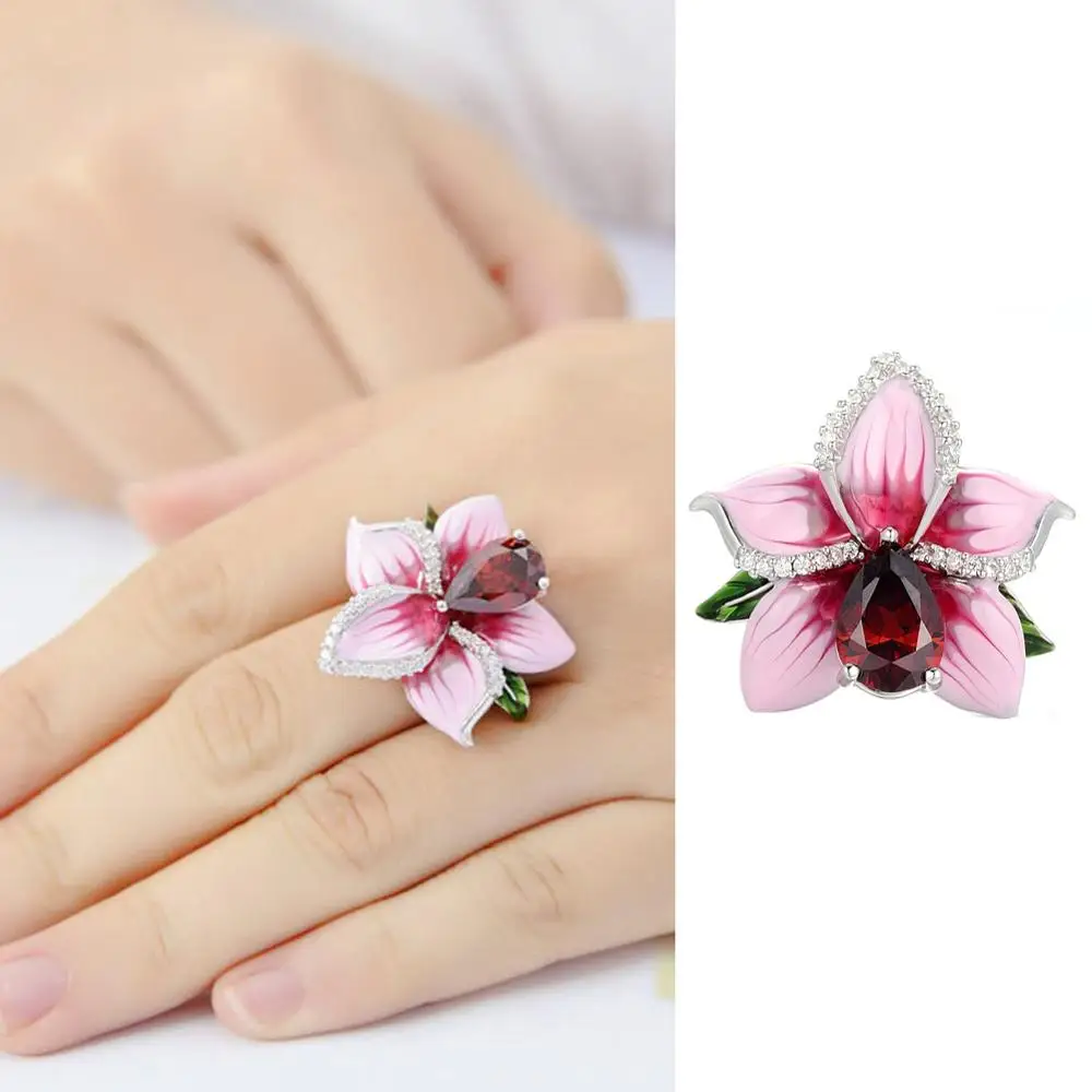 Модные ювелирные изделия покрытые серебром красная роза цветок эмалевые кольца
