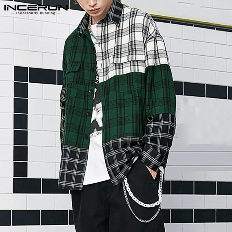 

INCERUN Casual Multi Pockets Shirts Men Leisure Plaid Shirts Vintage Long Sleeve Patchwork Blouse Man Loose Button Camisa S-5XL