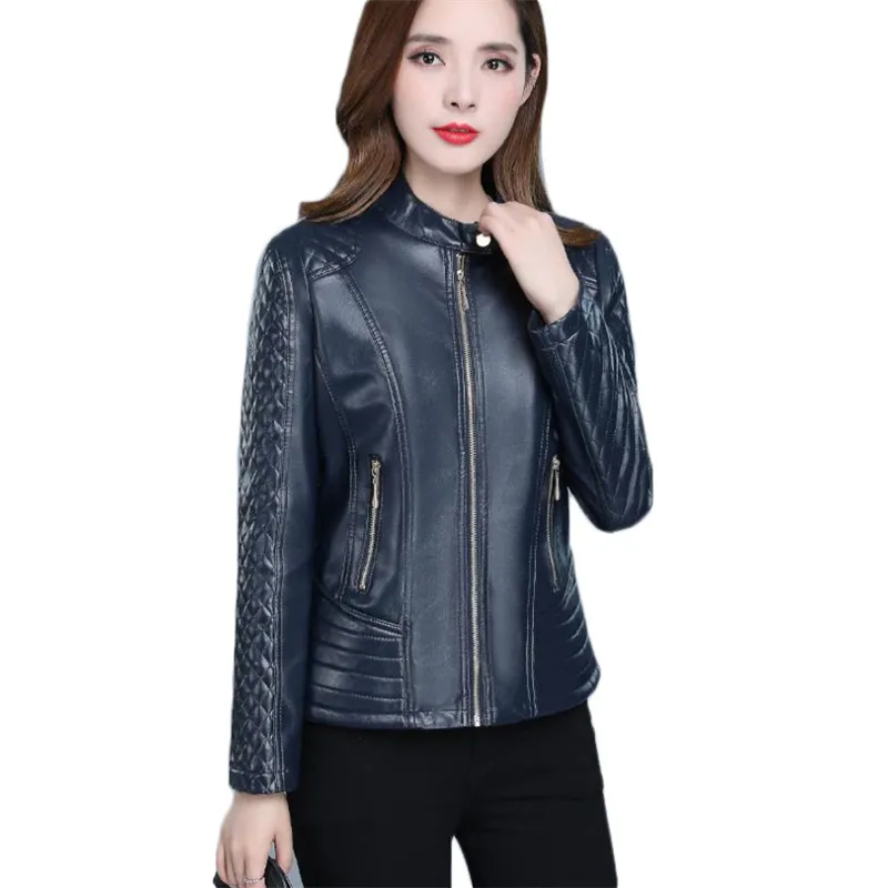 

Faux Leather Coat Women Autumn Korean Short Slim XL-6XL Plus Size Black Yellow Long Sleeve Fashion Fishtail Plaid Jacket JD310