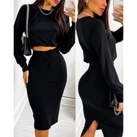 fashion women two piece set long sleeve cropped solid top drawstring midi skirt set