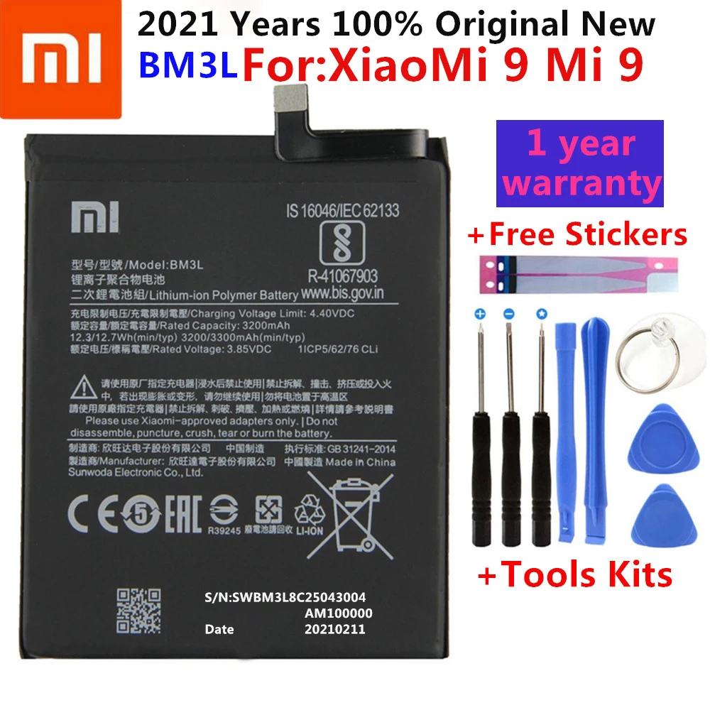 

2021 год 100% оригинальный сменный аккумулятор 3300 мАч для Xiaomi 9 MI9 M9 MI 9 BM3L Оригинальный аккумулятор для телефона батареи Бесплатные инструменты