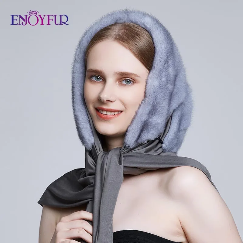 Женская шапка бини ENJOYFUR, элегантная шапка из натурального меха норки с шарфом на зиму