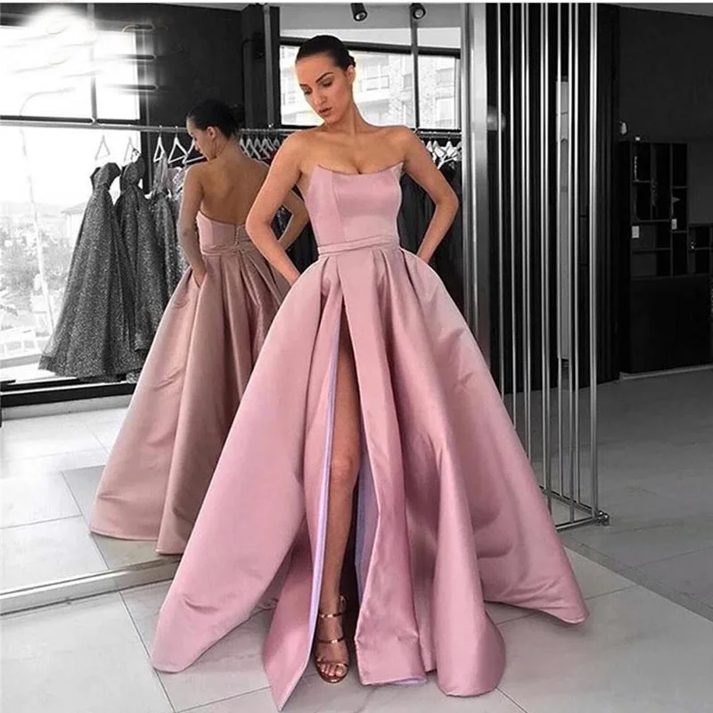 

wei yin AE0460 Pink Simple Prom Dress Strapless A-line Satin Front Split Robe De Soiree Custom Made Special Occasion Party Gowns