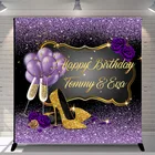 Женский праздничный баннер на день рождения, фиолетовый золотой блестящий фон с воздушными Шарами на высоком каблуке, оригинальное украшение для дня рождения, фотосессия