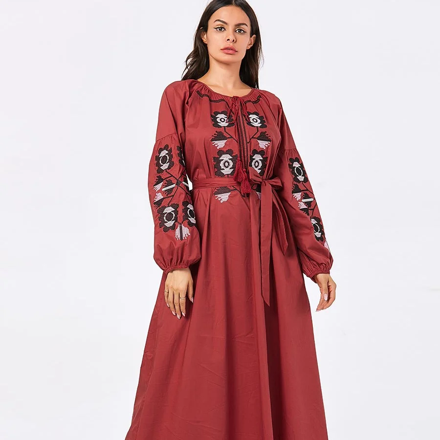 2021 мусульманское благородное и удобное арабское женское платье большого размера с красными растениями и вышивкой, мусульманское платье, аб...