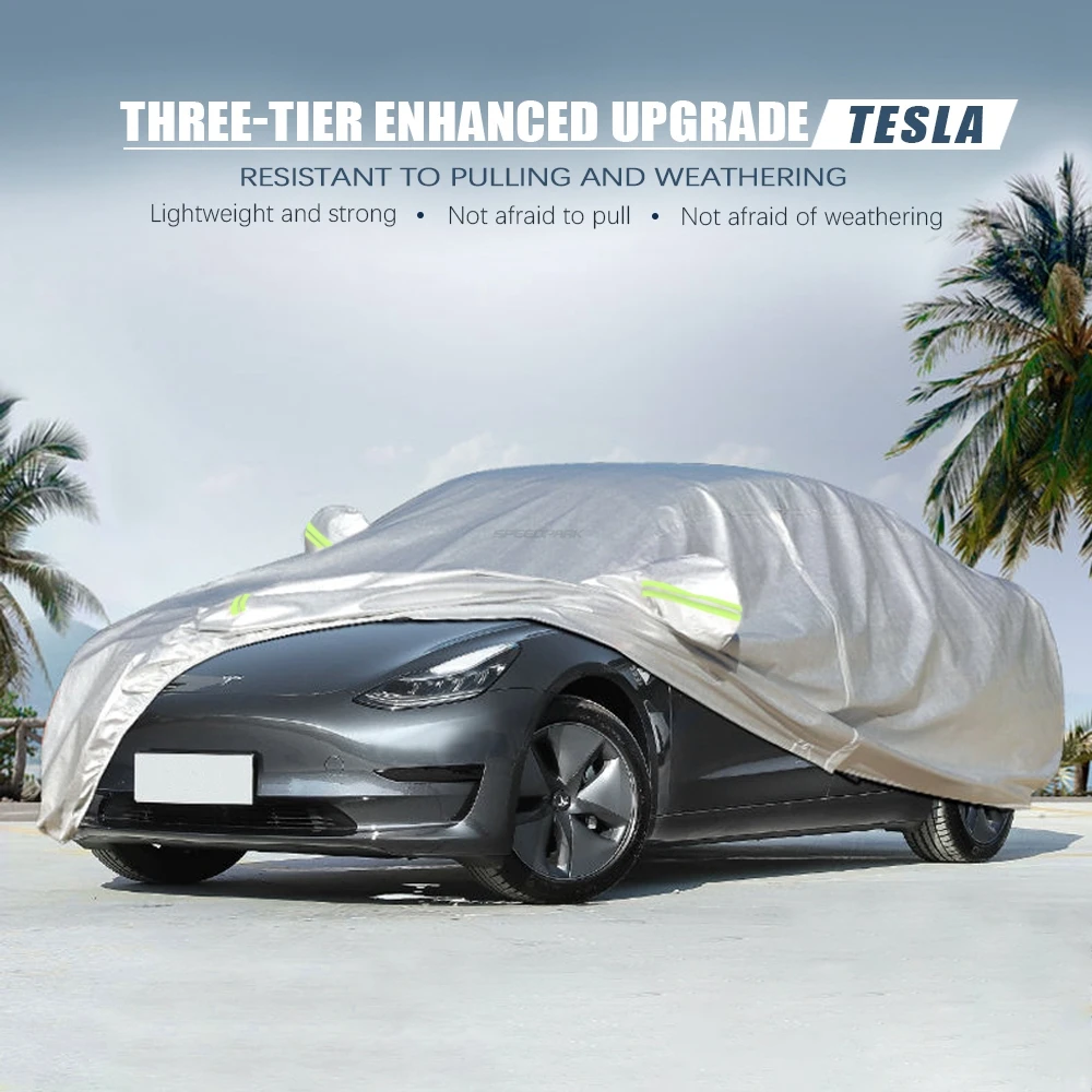 

For Tesla Model 3 Full Car Cover Waterproof With Reflective Strips Dustproof UV Heat Protection Exterior Carcover with Zipper