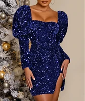 high quality sequined backless sexy dress women split mini dress christmas party club dresses glitter sequin puff sleeve vestido