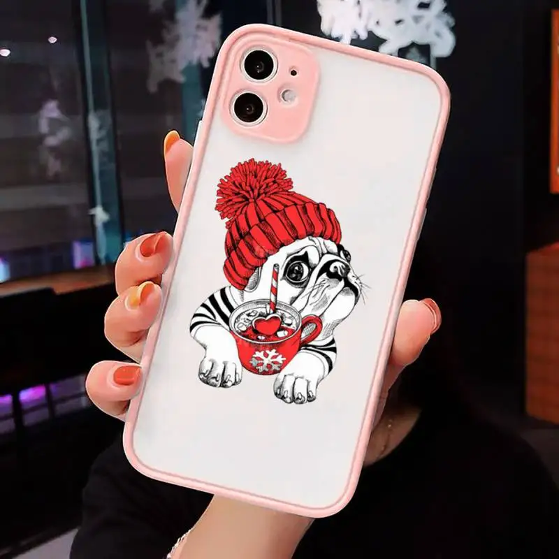 

Cute dog puppy Pug Bulldog blowing Phone Case Pink matte transparent For iPhone 7 8 x xs xr 11 12 pro plus max mini Clear Funda