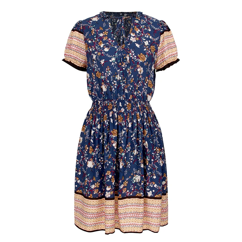 

2021 Summer Women Printed Short-Sleeve Dress Bohemian Beach Holiday Female Mini Dress Sexy V-Neck High-Waist Casual Dresses
