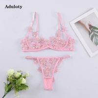 best selling new womens lace embroidered underwear thin mesh see through sexy erotic lingerie underwire gather bra thong set