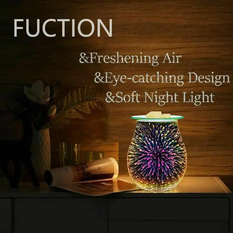 

Practice Oil Diffuser Electric Candle Warmer Glass Wax Melt Warmer with 3D Firework Effect Night Light Tart Burner Aroma Decor