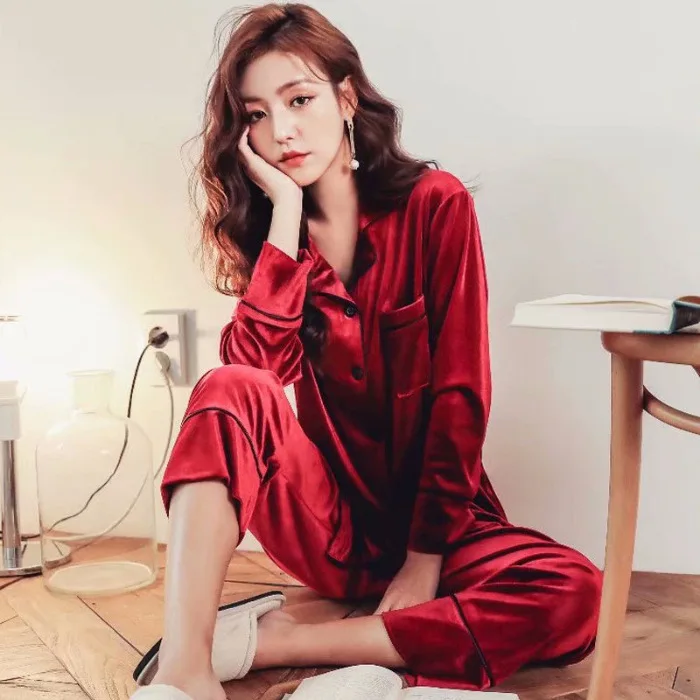 

Winter thick cardigan long sleeve pajama set pure color plus velvet fashion mature charming pajama two-piece set at home leisure