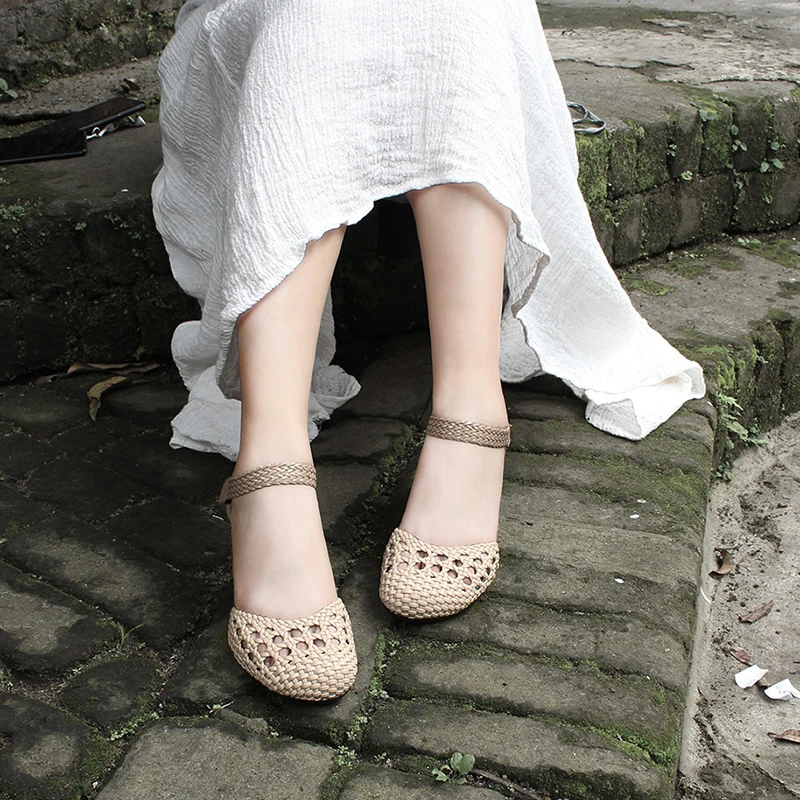 

Xiangban Woman Sandals Hollow Out Marie Jane High Heels Hollow Out Sandals Baotou Woman Retro Shoes Handwoven