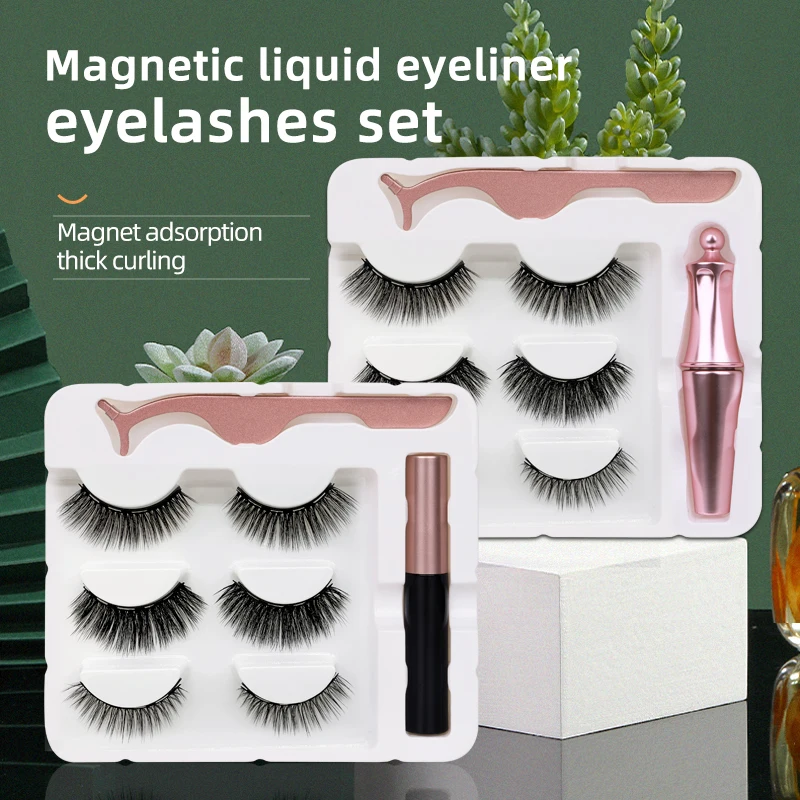 

QIUPALEI 3 Pairs Magnetic Eyelashes Natural False Eyelashes Fake Eyelashes On Magnets With Waterproof Eyeliner Pen & Tweezers
