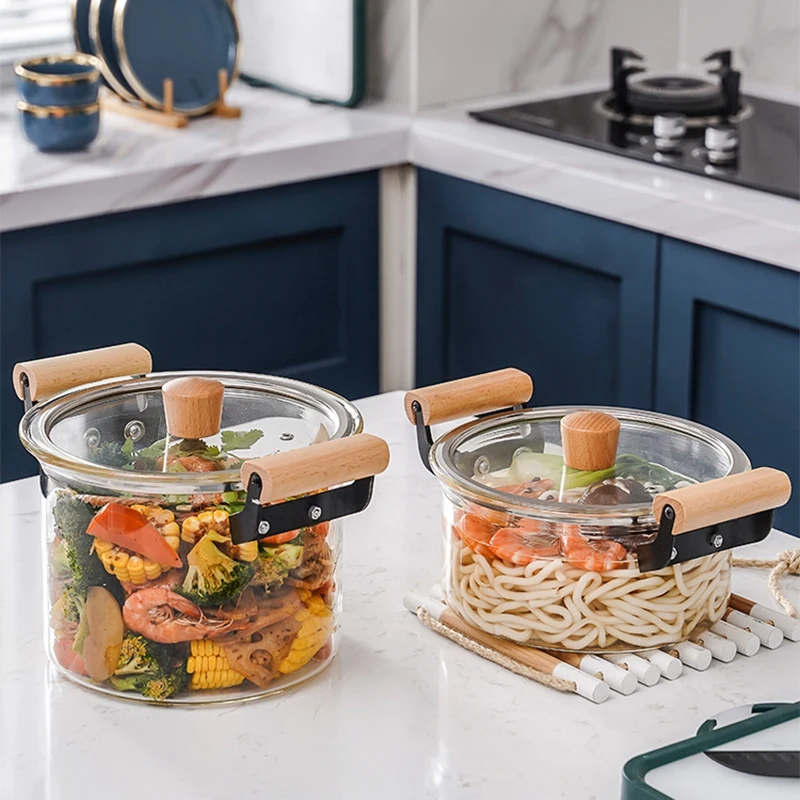 

Glass Pot Heat Resistant Stew Pot Instant Noodles Pot Heat Resistant Double Ear Soup Pot Vegetable Salad Pot