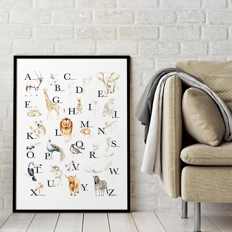 Абв алфавитом учебный плакат леса Животные принт Детская Wall Art Холст Картины Nordic