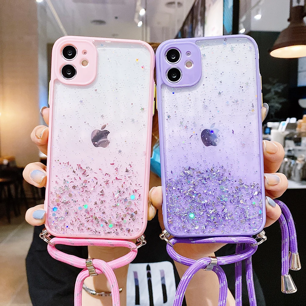 

Crossbody Necklace Cord Strap Lanyard Glitter Clear Case For iPhone 13 12 Mini 11 Pro XS Max XR X 8 7 6s 6 Plus SE 2020 Cover