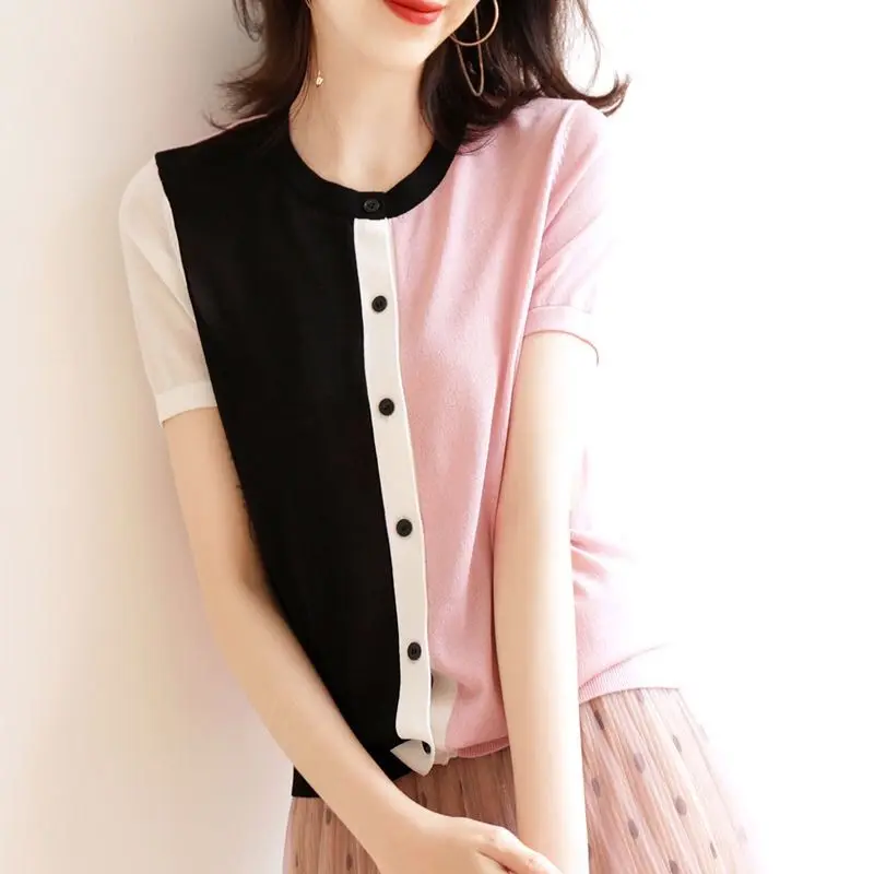 

Color matching loose ice silk short sleeve T-shirt women's 2021 summer new color contrast thin knitted cardigan