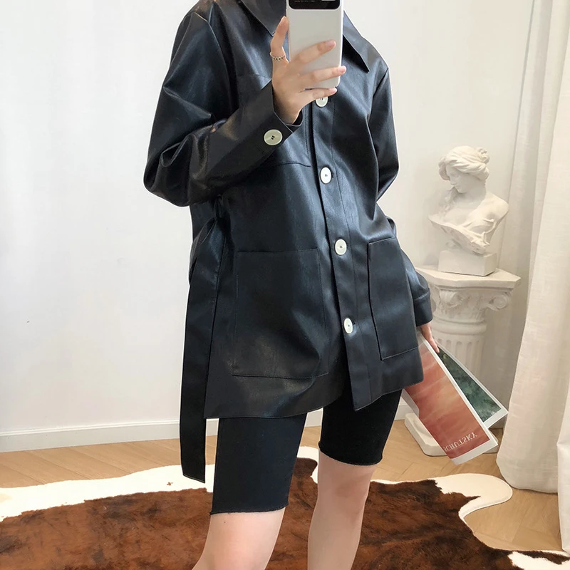 CHICEVER/Женская куртка из искусственной кожи со шнуровкой воротник с отворотами