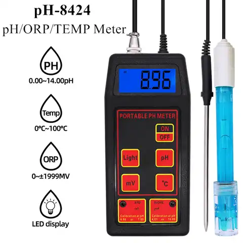 PH-8424 pH/ORP/измеритель температуры Высокая точность 3 в 1 портативный со сменным датчиком pH и детской температуры Скидка 40%
