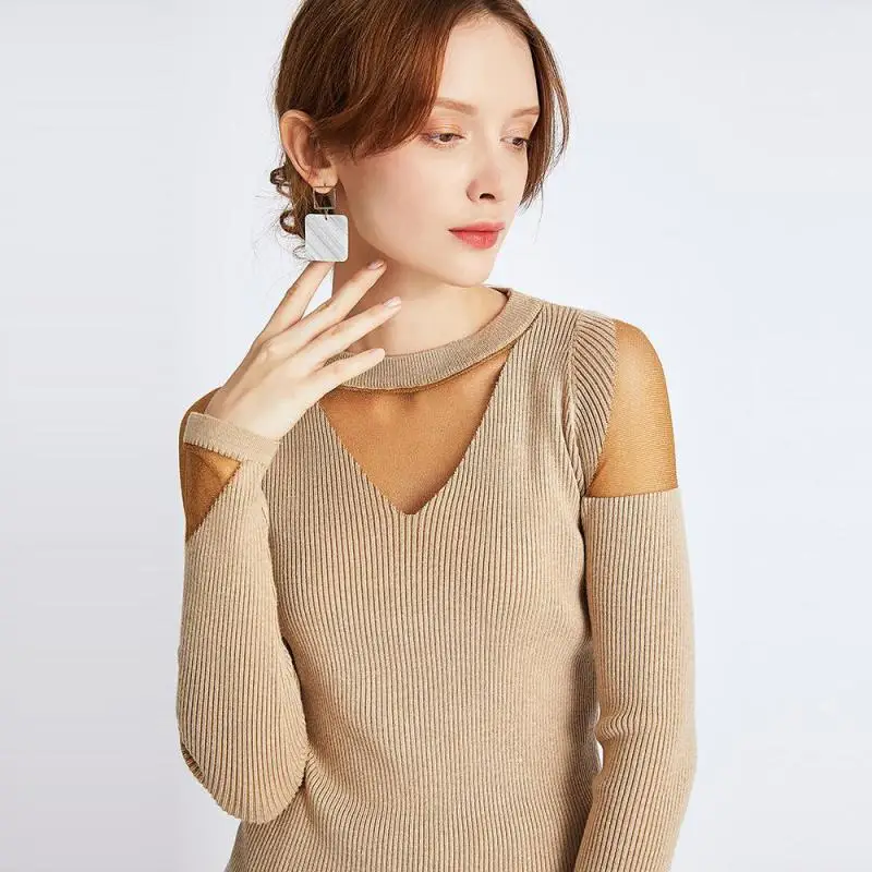Off Shoulder Women Sweaters Mesh Patchwork Female Pullovers All Match Ladies Knitting Tops Slim Stretch Sweater Mujers 2019 New | Женская