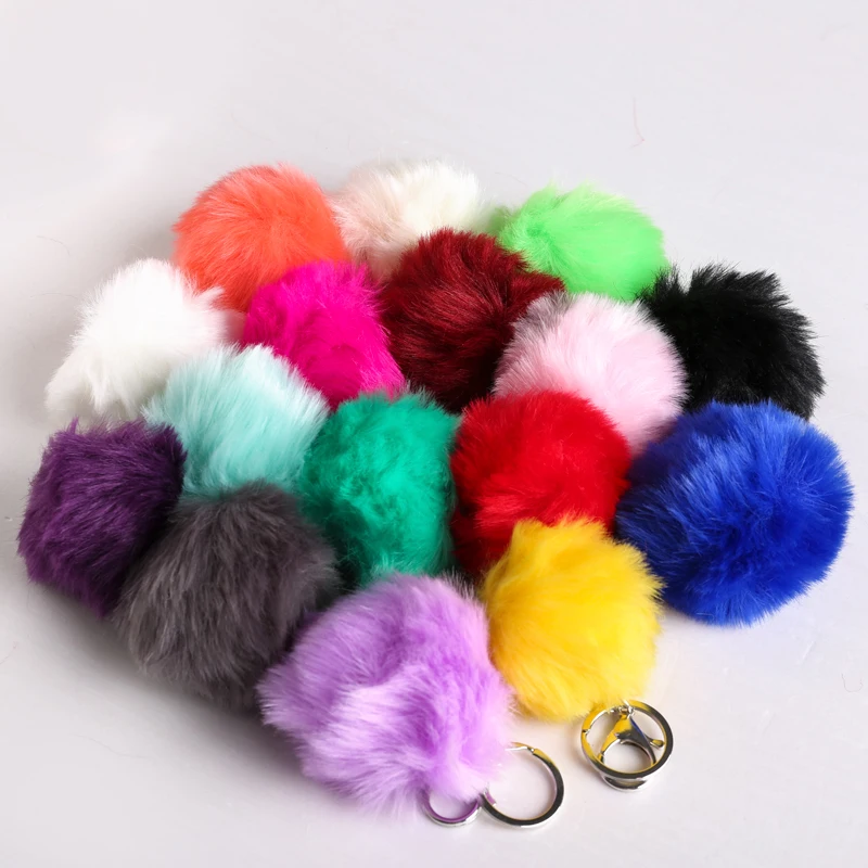 Silver Pom Pom Keychains Faux Rabbit Fur Fluffy Accessories Key Ring Chains For Cars Trinkets Handbag Charm Tote Pendant Women
