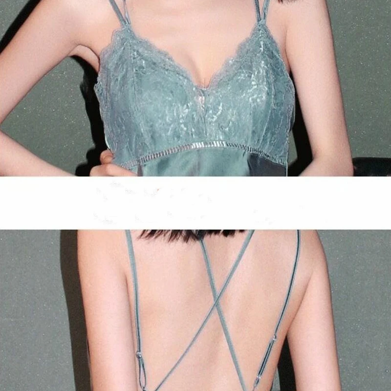 

Women Nightgowns Lace Patchwork Sleeveless Backless V-neck Criss-cross Tied Summer Thin Sexy Smooth Glossy Mature Sleepwear New