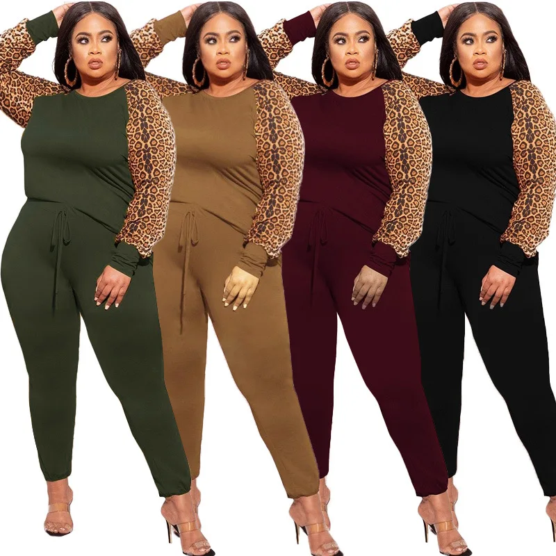 

Leopard Printed Long Sleeves Set Woman Slim Sports Jogging Tracksuit Plus Size Femme Clothes Trendy Casual Street Wear Wholesale