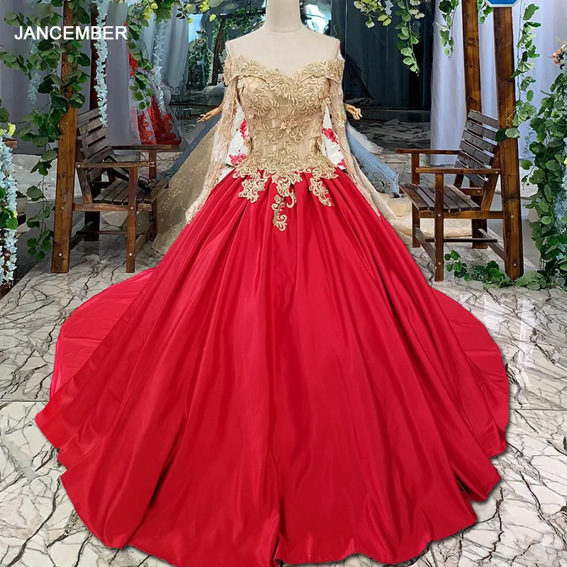 LS32945 2018 от плеча красное атласное вечернее платье длинный рукав A liner illusion простая