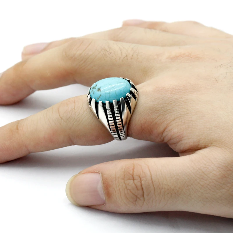 

Turquoise Ring for Men 925 Sterling Silver Vintage Blue Natural Gem Stone Men's Rings Turkish Handmade Punk Jewelry Party Gift