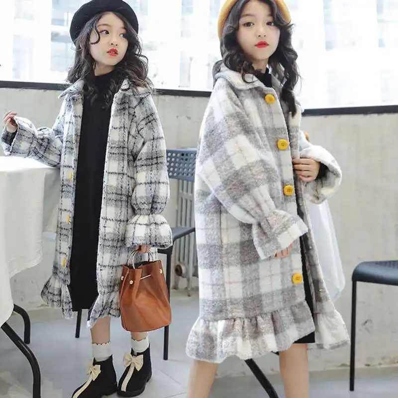 

Children Coat Toddler Baby Girls Long Sleeve Spring Grid Thicken Warm Pocket Outwear Kids Winter Single-Breasted High Quality