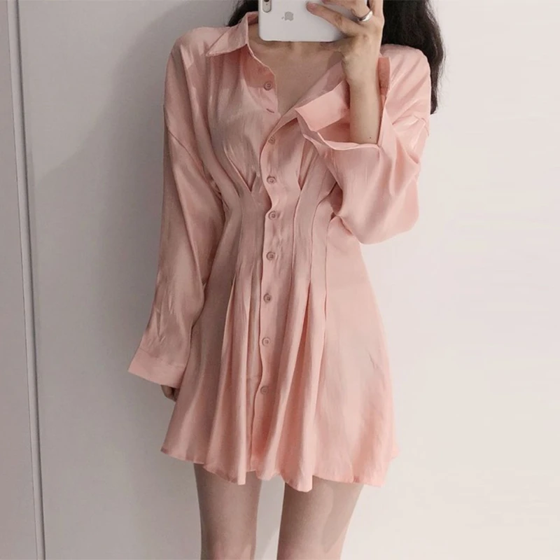 SHENGPALAE 2020 Women Female Tops Long Sleeve Casual Turn-down Collar Women's Pleated Lace Up Shirt Skirt Loose Blouses ZA2694 |