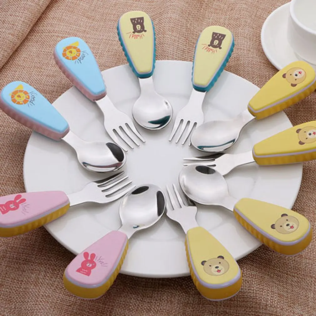 

2pcs/set Cute Baby Kids Feeding Spoon Fork Stainless Steel Baby Spoon Flatware Print Cartoon Tableware With Anti-slip Handle