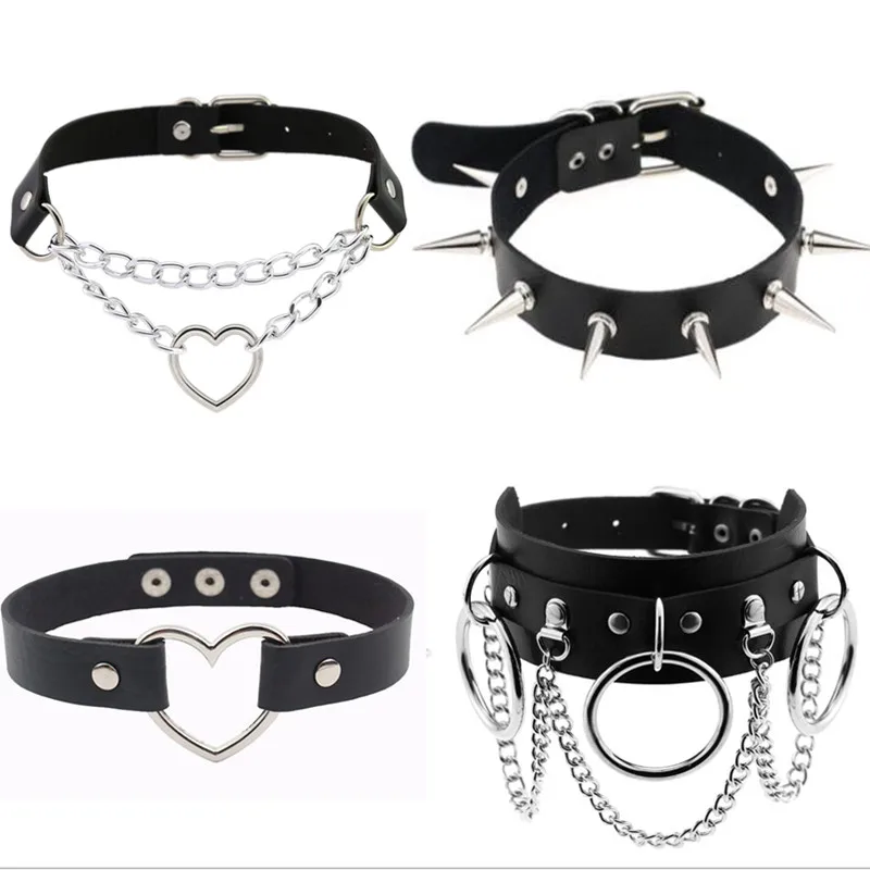 

Harajuku Punk Rock Gothic PU Leather Heart Round Spike Rivet Collar Choker Necklace women girls Torques Handmade Jewelry