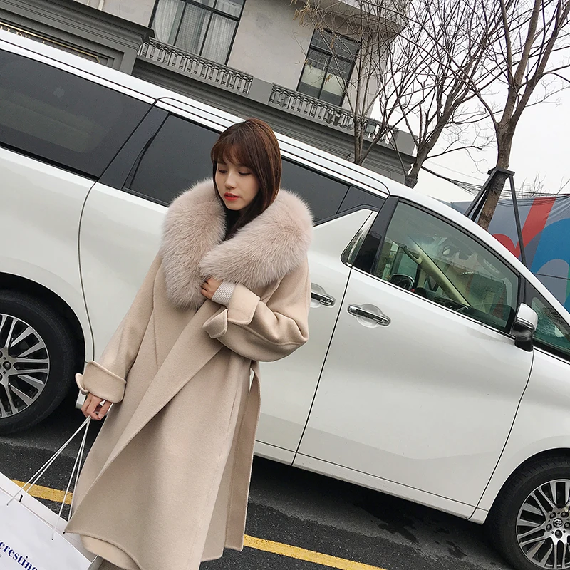 Шуба кашемировая Женская двусторонняя с натуральным мехом лисы поясом длинная