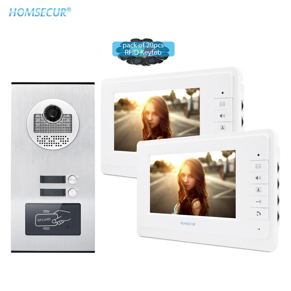 HOMSECUR 7 &quotTFT Видеодомофон Система с RFID наружного блока для 2 квартир XM701 + XC111