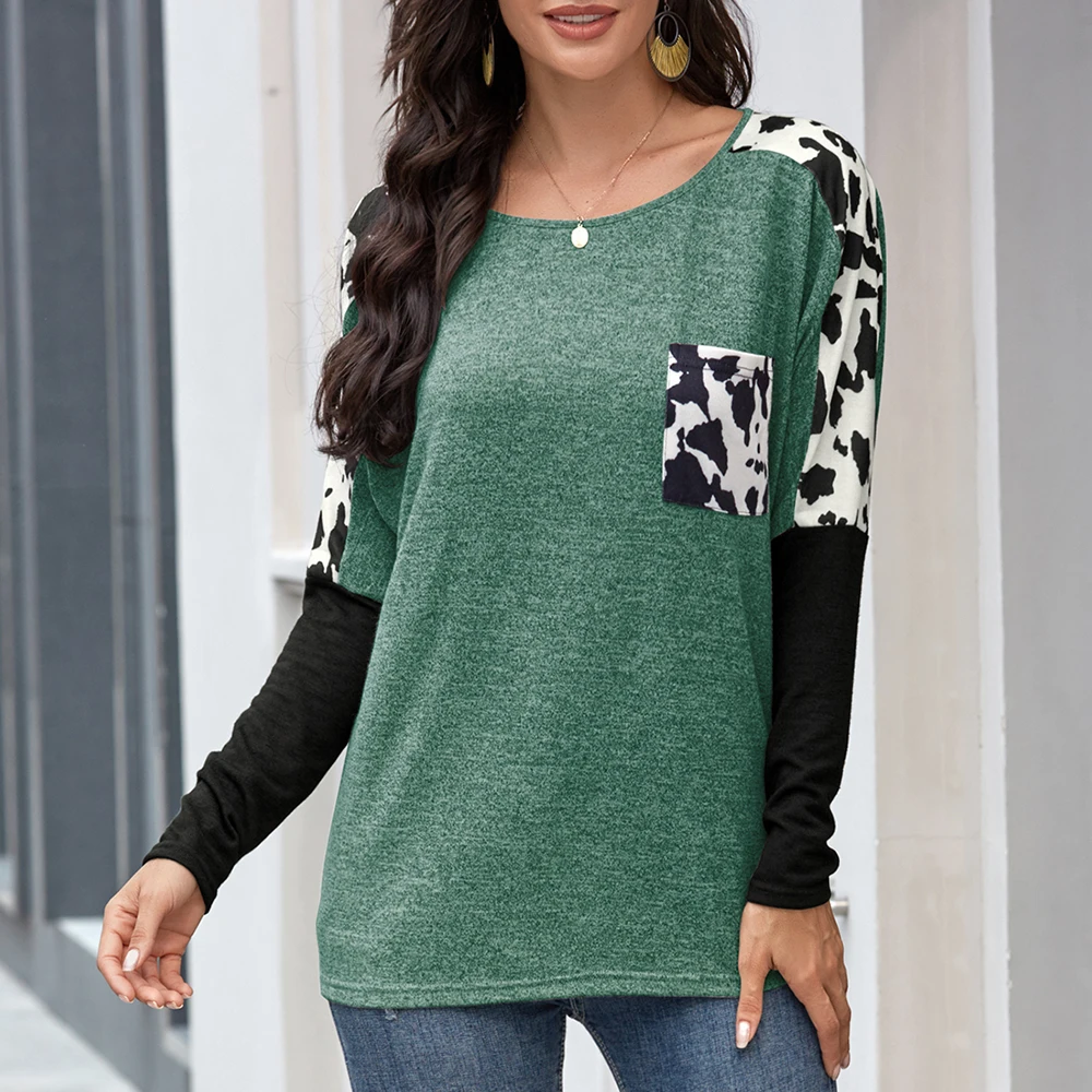 

Autumn Women Leopard Print Tops Spliced T-Shirt O Neck Long Sleeve Pocket Casual T-Shirts Top Shirts
