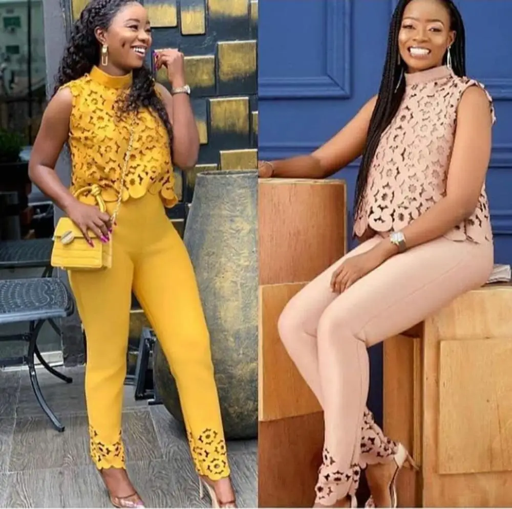 Yellow Pink Firing Sexy Women Set Star Style Runway 2 Pieces Crop Top And Pencil Pants DAM378 |