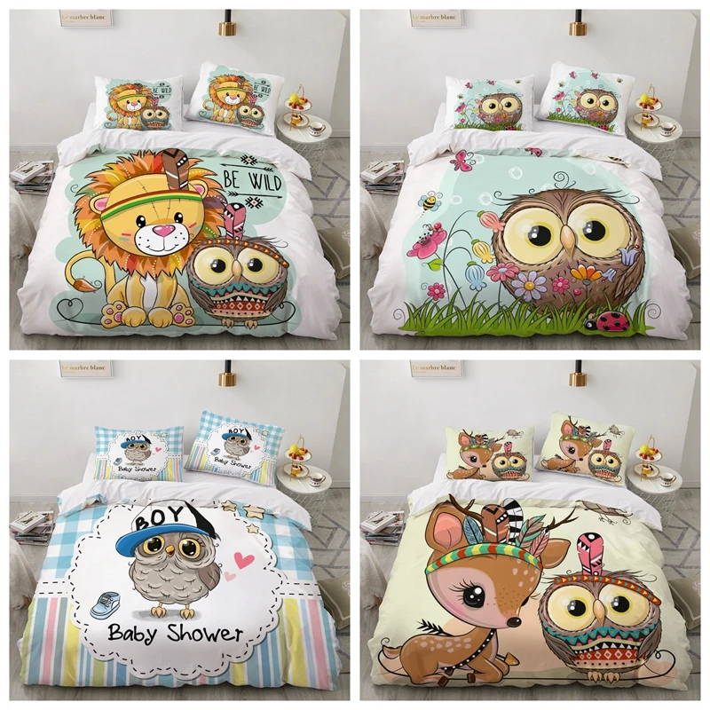 3D принт Мультфильм Сова Лев наборы роскошного постельного белья из мягкой кожи