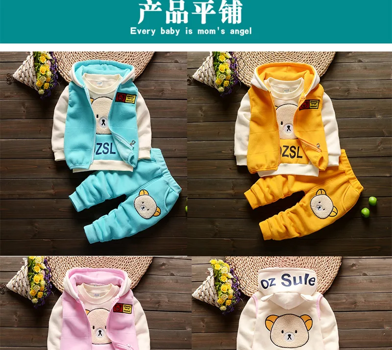 Одежда для девочек Теплые вельветовые куртки с капюшоном для малышей пальто+ футболка с длинным рукавом+ штаны для маленьких девочек, комплект одежды