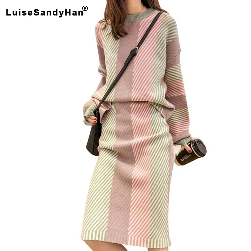 

autumn winter new 2021 women 2 pieces skirt sets knitted o-neck pullovers and skirts lady elegant striped clothing suits