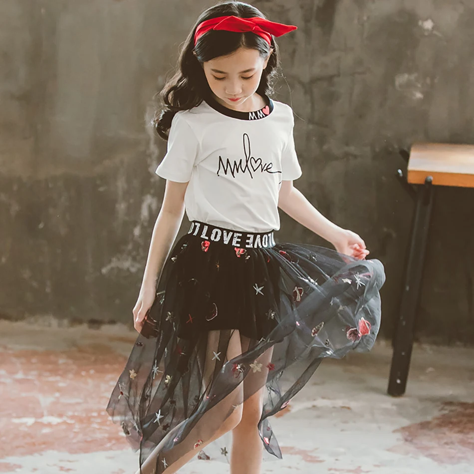 Children Clothing Swan T-shirt+Star Mesh Skirt 2pcs Outfit 2021 Summer Toddler Girls Clothes Suit Kids Tracksuit For Girls Sets