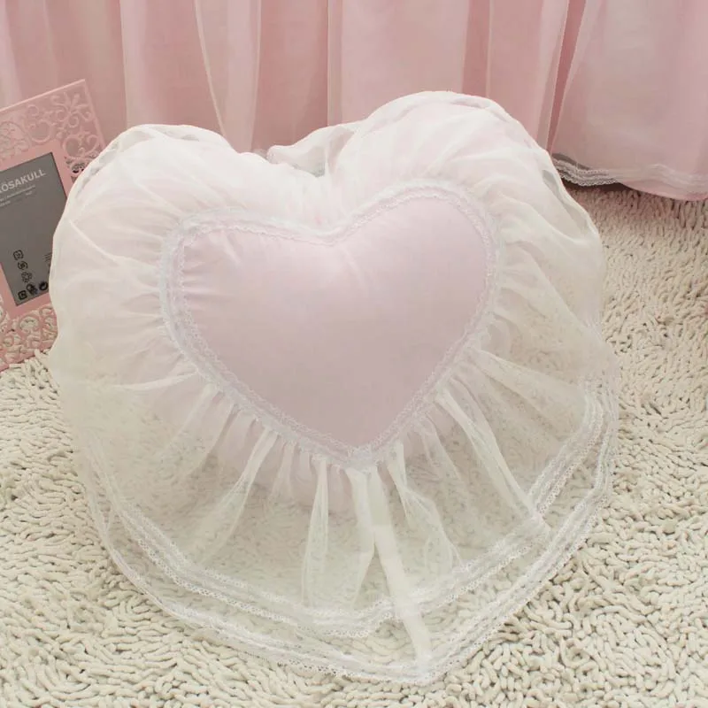 Top Sweet Heart shaped cushion wedding bed pillow princess lace ruffle coussin cushions girl sofa pillows 100% cotton fabric | Дом и сад
