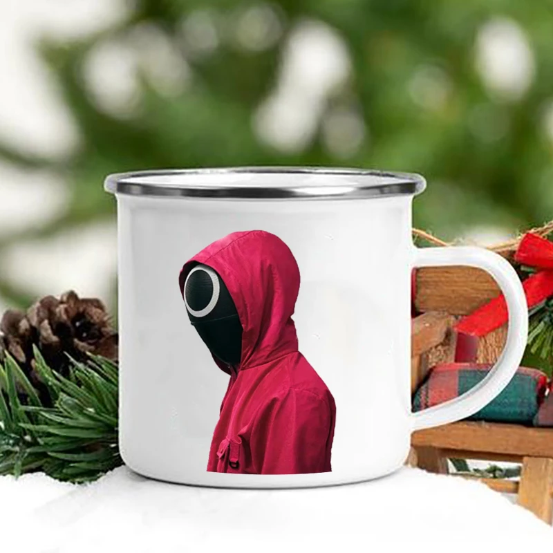 

11oz Cups Enamel Mugs Squid Games Metal Enamel Tea Cups Travel Mugs for Outdoor Camping Fishing Hiking Fishing Picnic